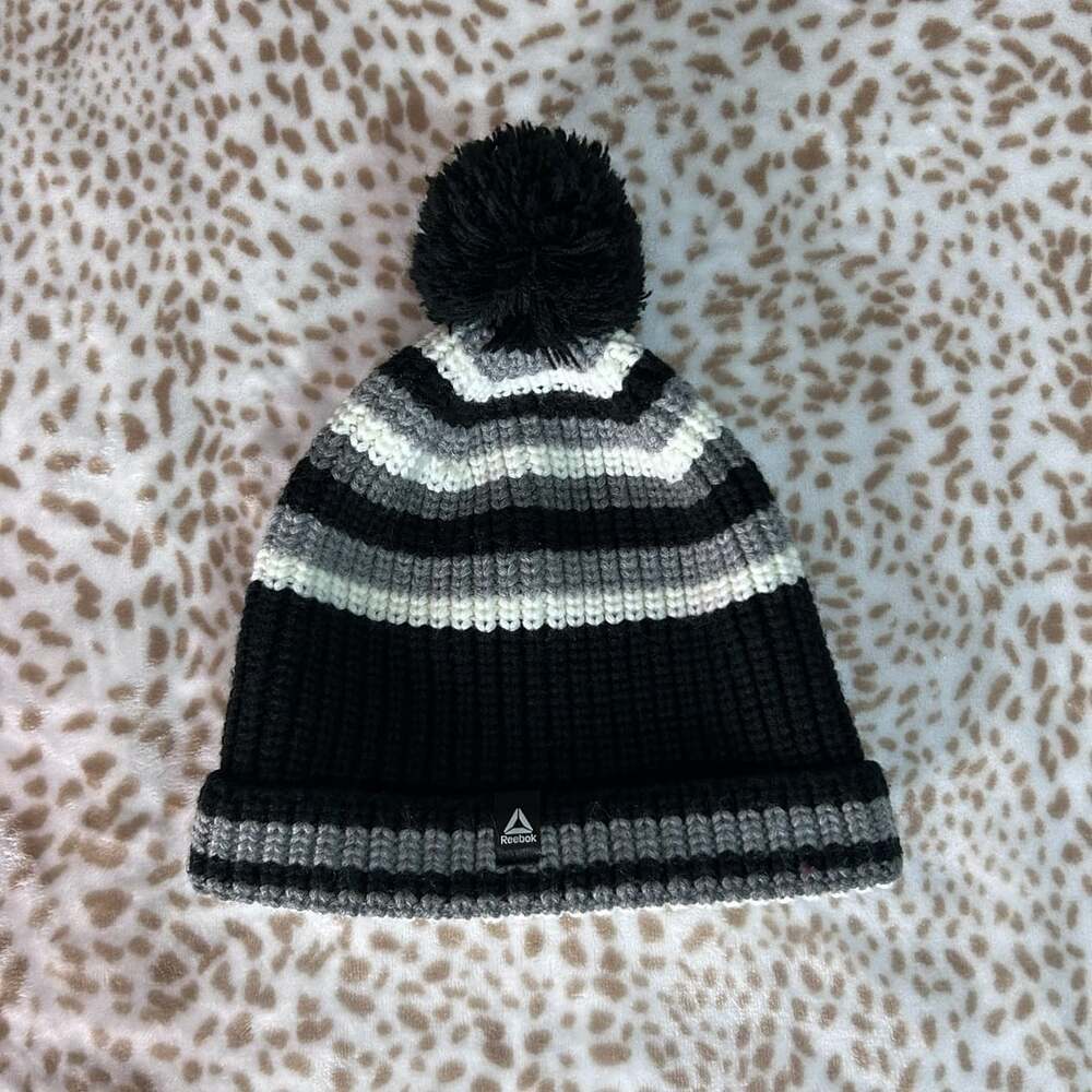 Reebok Striped Pom Beanie Black Grey White